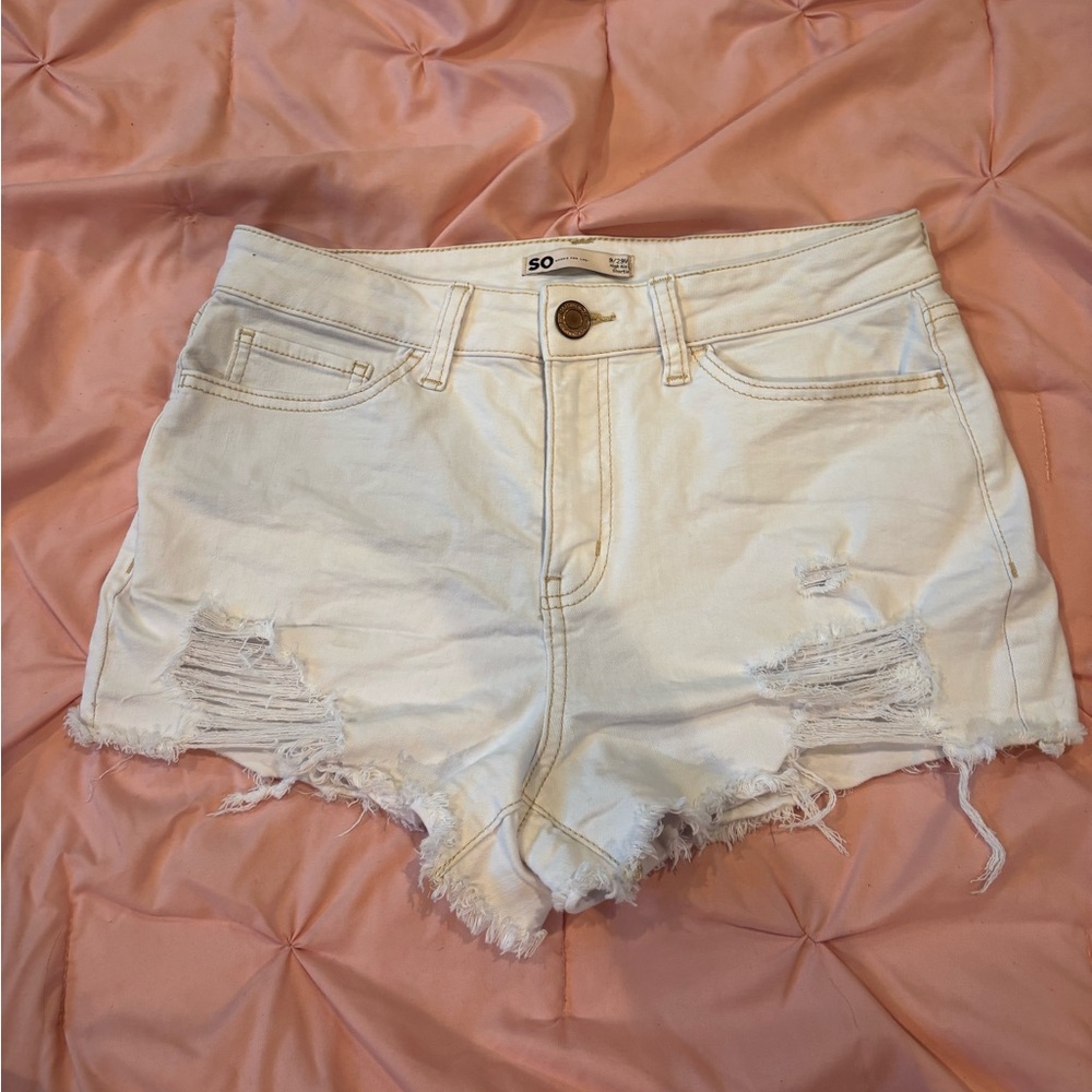 SO Women's White Distressed High Rise Denim Shorts